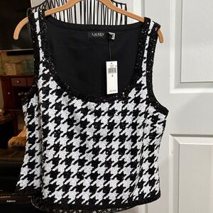 Lauren Ralph Lauren Black & White Houndstooth Sequin-Trim Tank